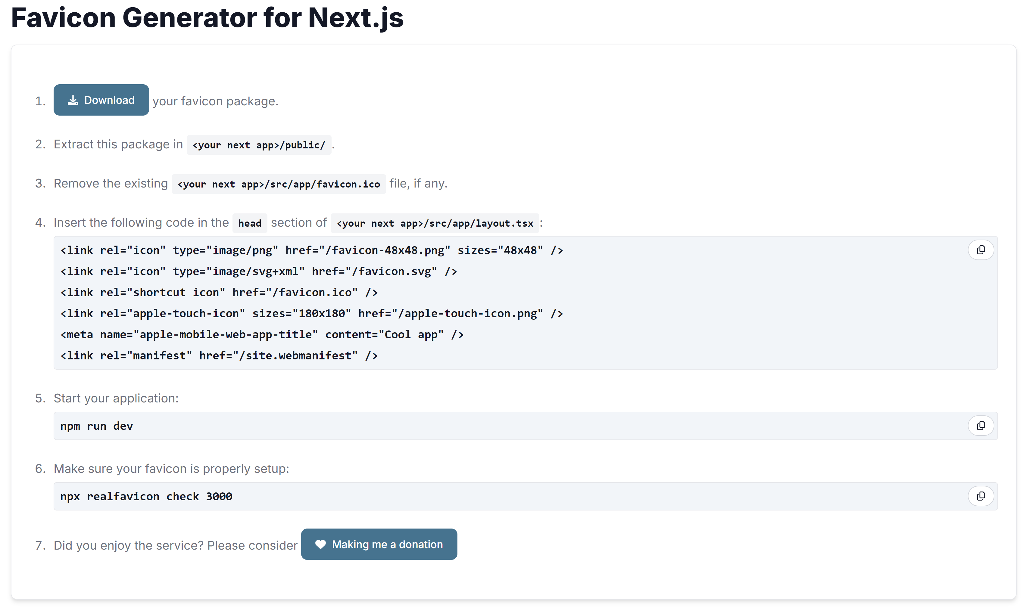 Custom Next.js instructions to setup the favicon